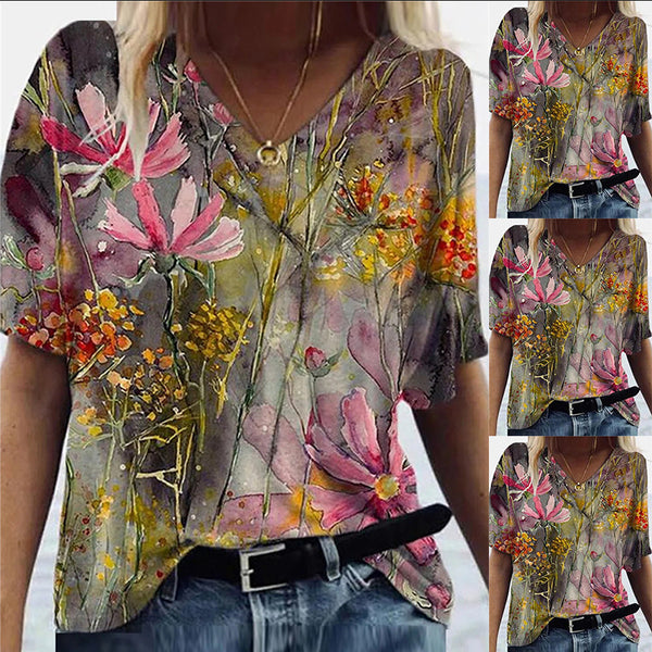 Women's Summer Flower Print Sleeve V-neck T-shirt Blouses