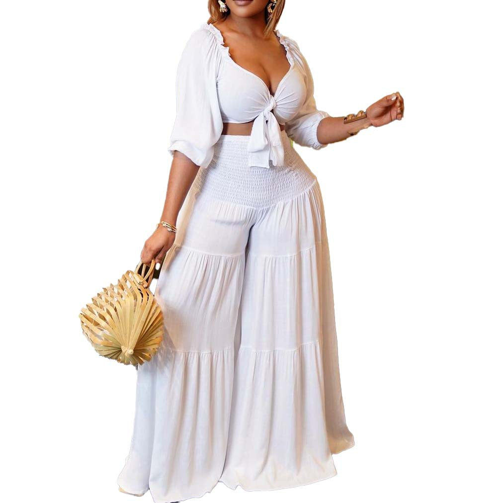 Summer Chest-wrapped Tied Wide-leg Two-piece Casual Plus Size