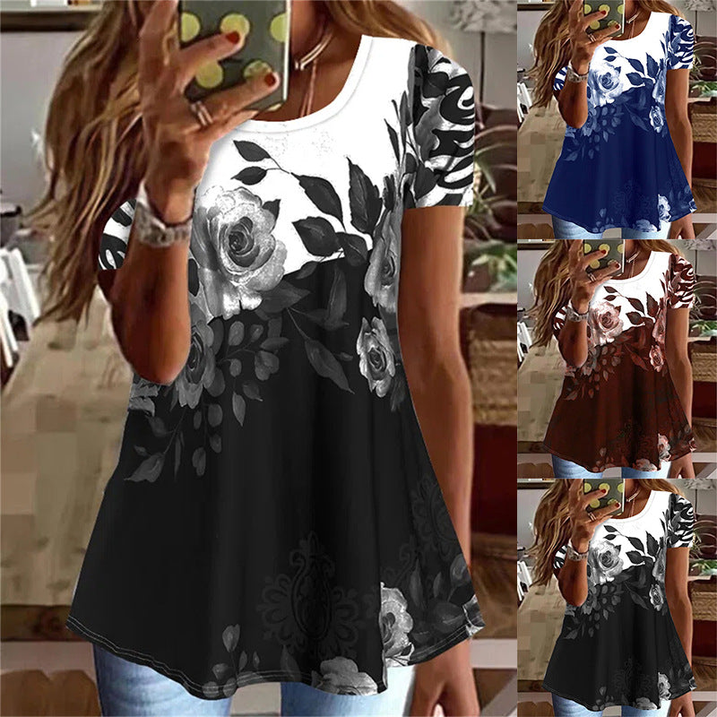 Summer Floral Print Sleeve Round Neck Blouses