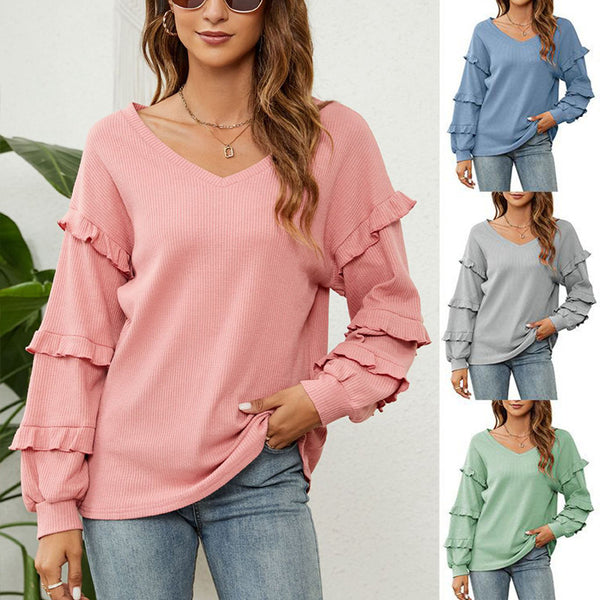 Women's Trendy Waffle Flounce Bishop Sleeves Blouses