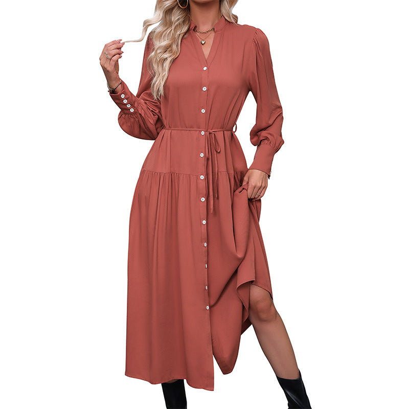 Damen Herbst Langarm reine Farbe Kleid Kleider