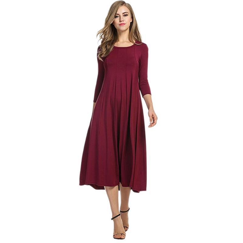 Women's Autumn Round Neck Shirt Half Sleeve Solid Color Wide Hem Dresses