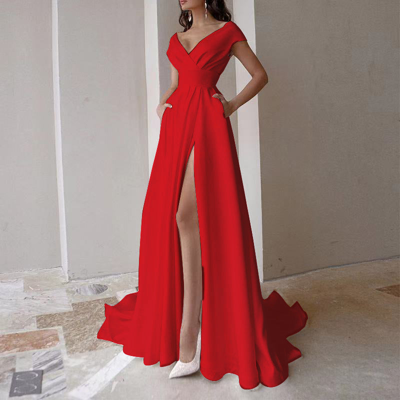 Ruffled Red Black White Waist Solid Color Temperament Commute Maxi Dresses