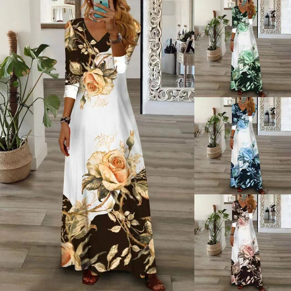 Women's Positioning Printed V-neck Button Mid-length Long Dresses