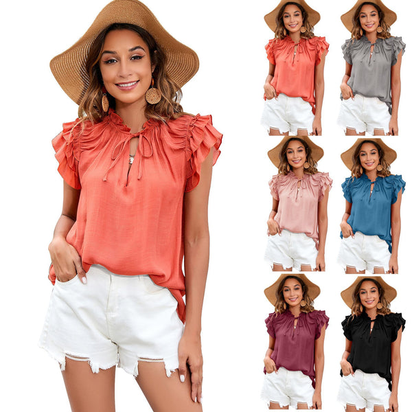 Women's Summer Loose Solid Color Ruffle Sleeve Blouses