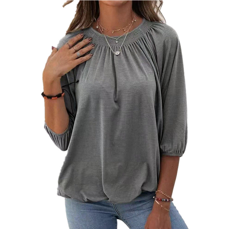 Women's Spring Solid Color Loose Round T-shirt Blouses