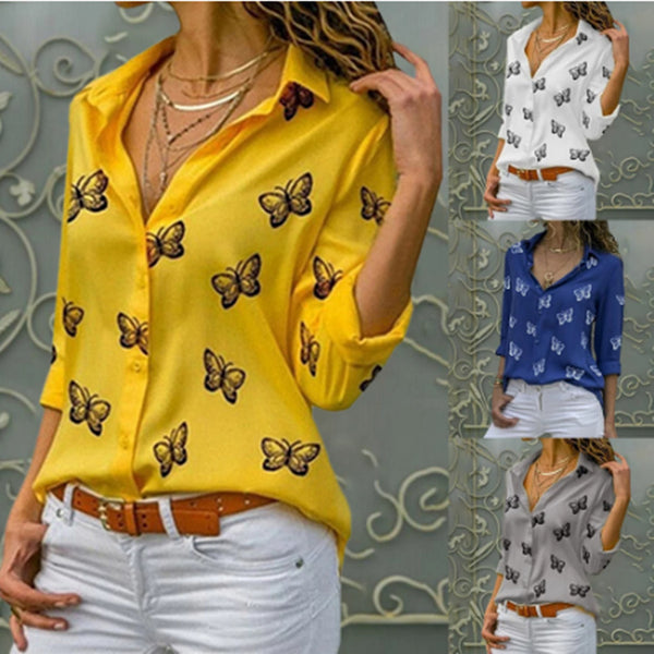 Women's Popular Butterfly Print Loose Lapels Shirt Blouses