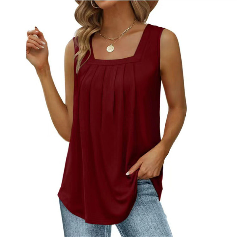Women's Pleated Square Collar Sleeveless Dovetail Blouses
