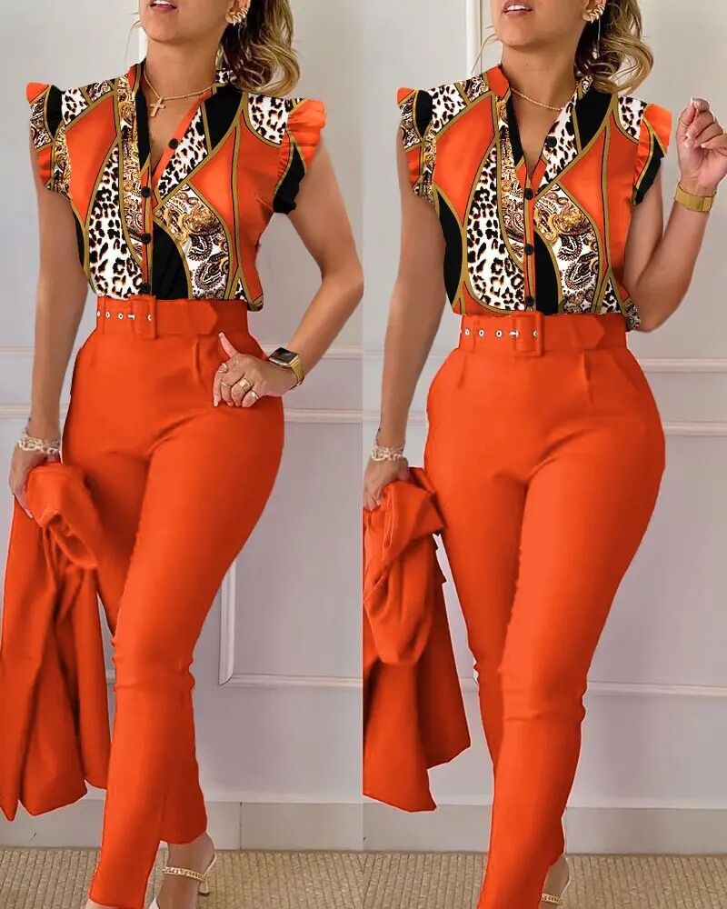 Women's Fashion Casual Ruffle Sleeve Two-piece Set Suits