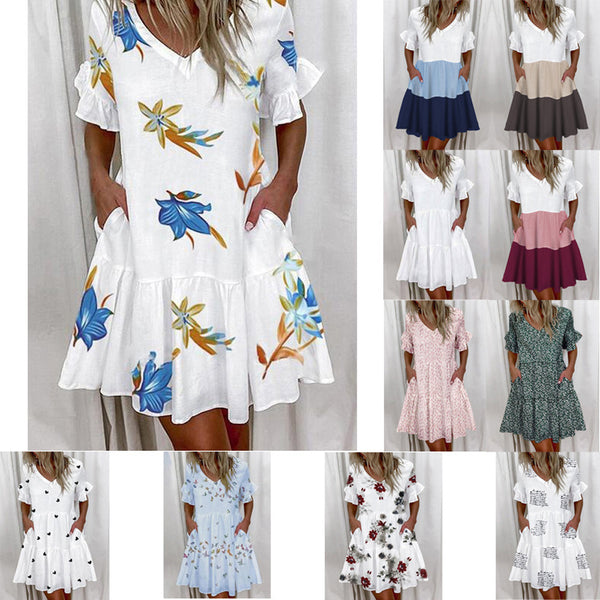 Women's Summer Loose Fashion V-neck Print Ruffled Pocket Dresses