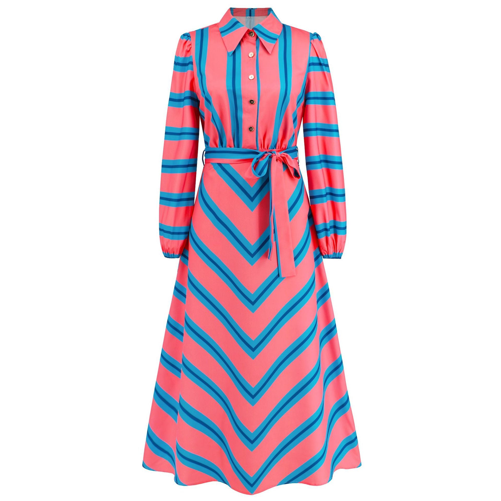 Women's Elegant Striped Printed Button Cinched Dress Dresses