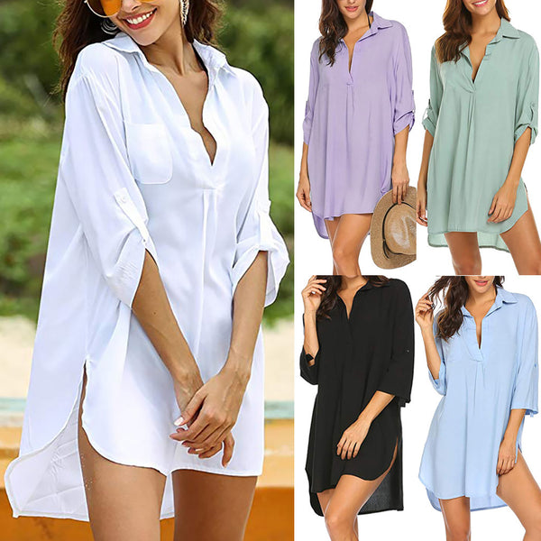 Women's Deep Neckline Stylish Beach Swimsuit Shirt Blouses