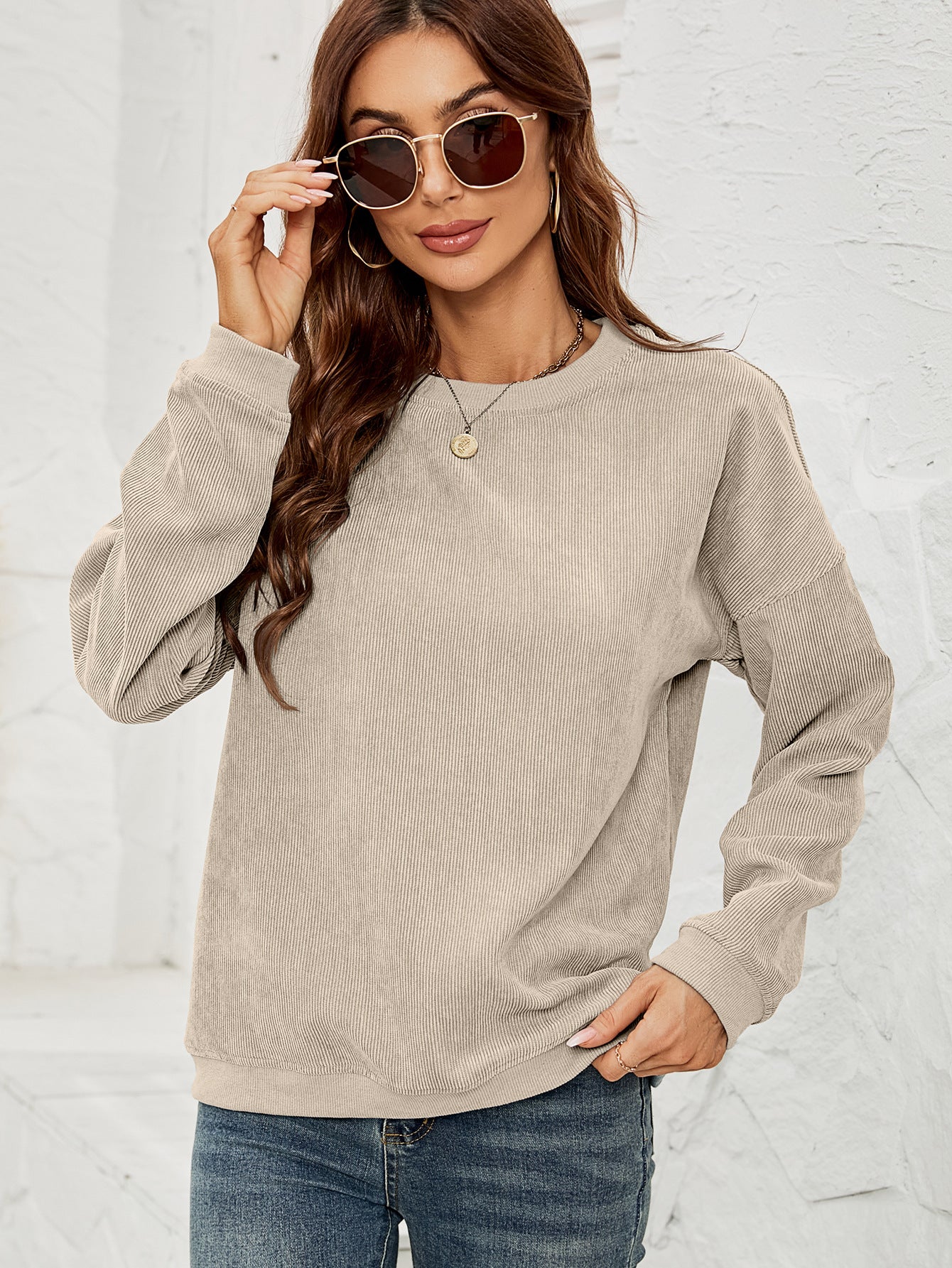 Women's Corduroy Casual Round Neck Pullover Long-sleeved Sweaters