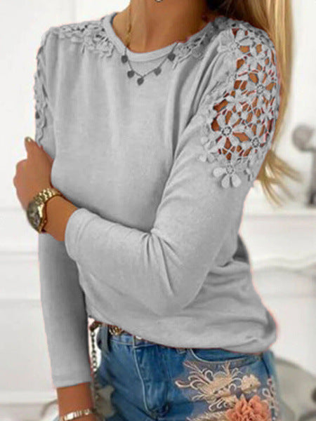 Spring Solid Color Slim-fit Hollow-out Long-sleeved Blouses