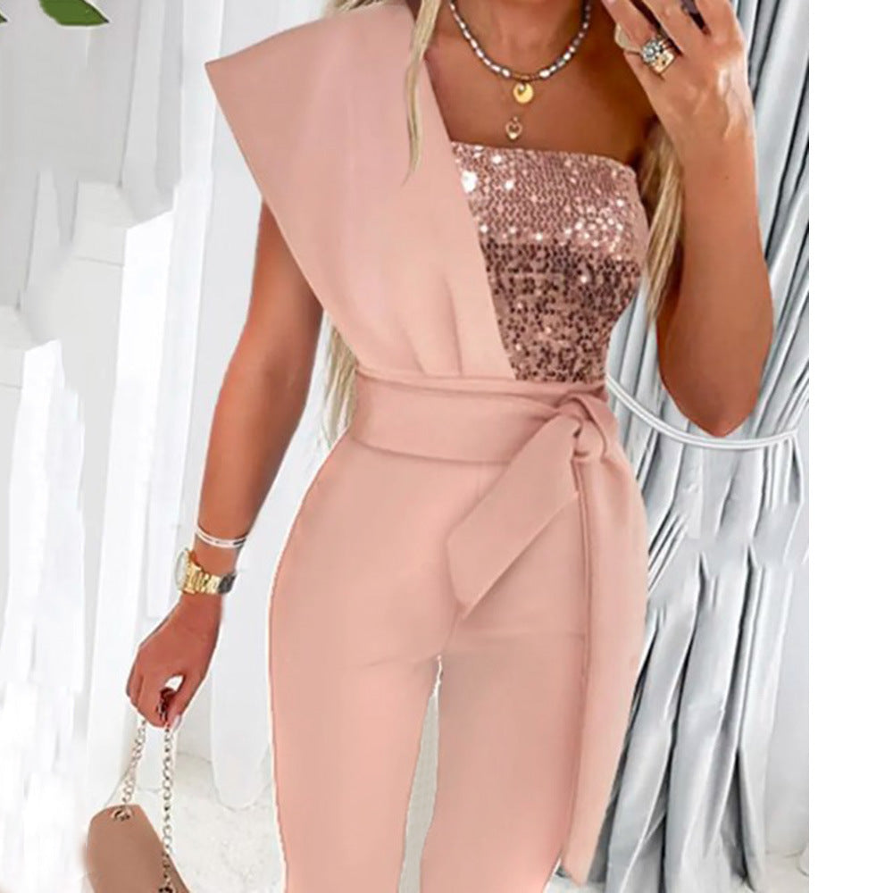 Women's Color Sleeveless Belt Decorative Slim-fitting Patchwork Suits