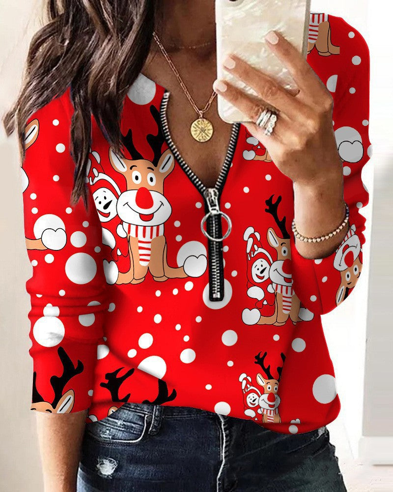 Women's Innovative Christmas Printed Long-sleeved T-shirt Blouses