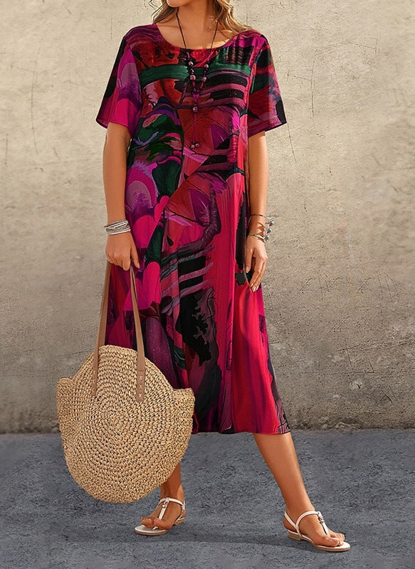 Printing Summer Short-sleeved Waist Round Neck Dresses