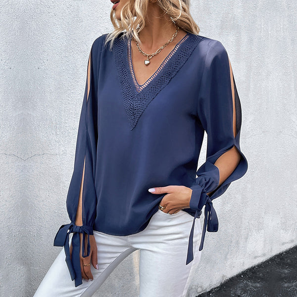 Women's Autumn Long-sleeved Shirt Solid Color Hollow Blouses