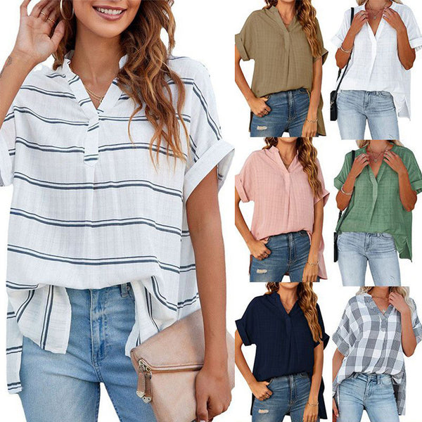 Women's Summer V-neck Sleeve Striped Thin Loose Blouses