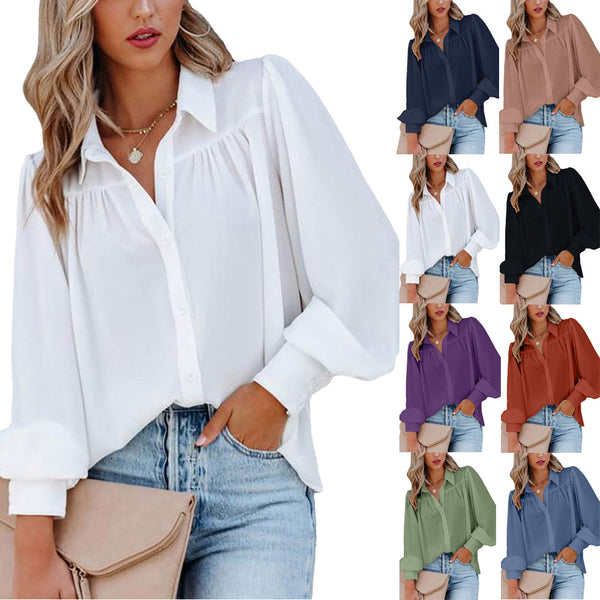 Women's Button Lantern Sleeve Pleated Solid Color Collar Loose Shirt Blouses