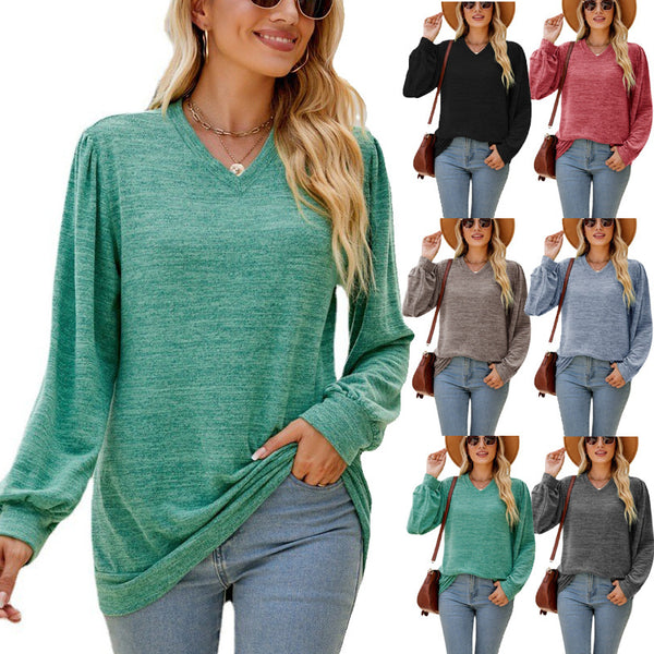 Women's Loose Casual Puff Sleeve V-neck Long Tops