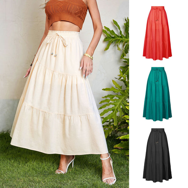 High Waist Long Stock Solid Color Linen Elastic-waist Large Skirts