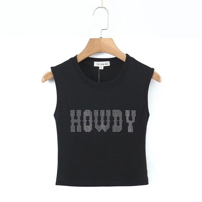 Women's Summer Cotton Black Rhinestone Back Hollow High Elastic Small Blouses