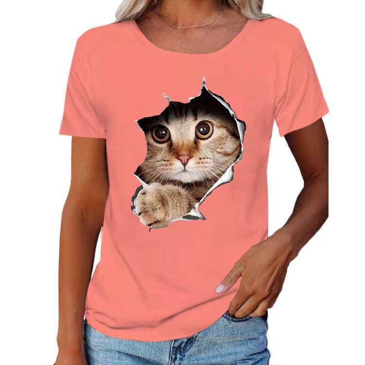 Women's Ripped Cat Round Neck Stylish Loose Blouses