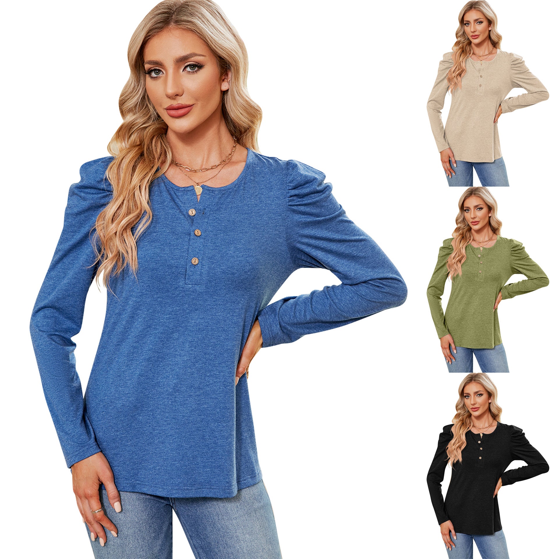 Women's Color Buttons Round Neck Puff Sleeve Blouses