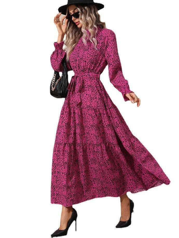 Stand Collar Ruffle Long Sleeve Waist Dresses