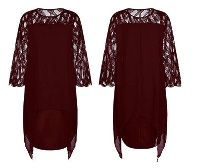 Lace Stitching 3/4 Sleeve Irregular Hem Chiffon Dresses