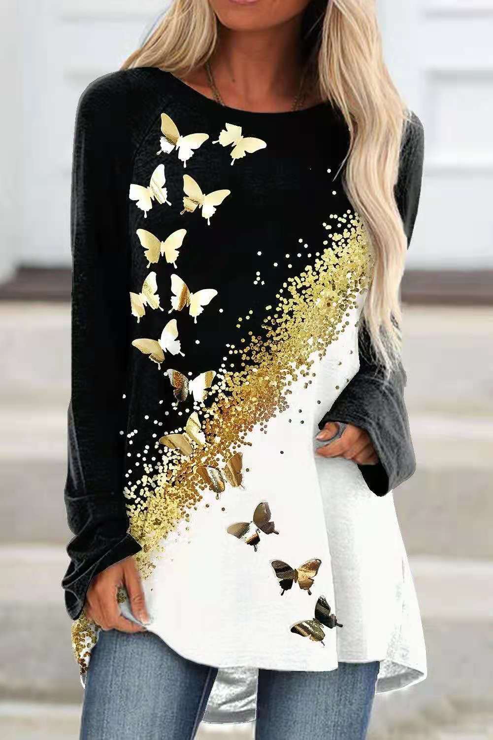 Fashion Casual Round Neck Butterfly Printed Long Sleeve Blouses