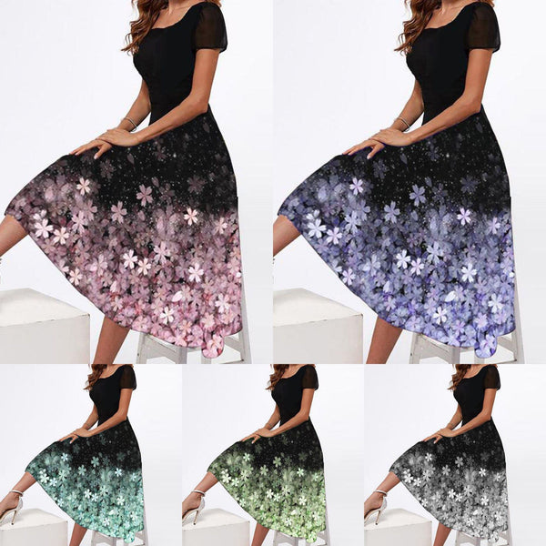 Women's Square Collar Sleeve Positioning Multi-color Printed Dresses