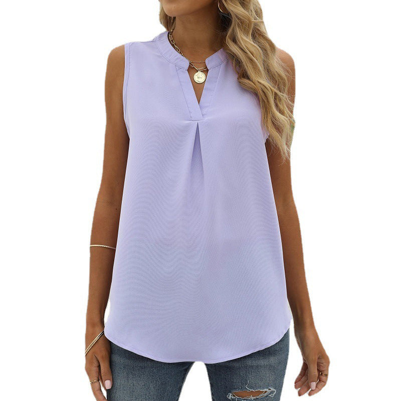 Women's Solid Color Chiffon Shirt Loose V-neck Vests