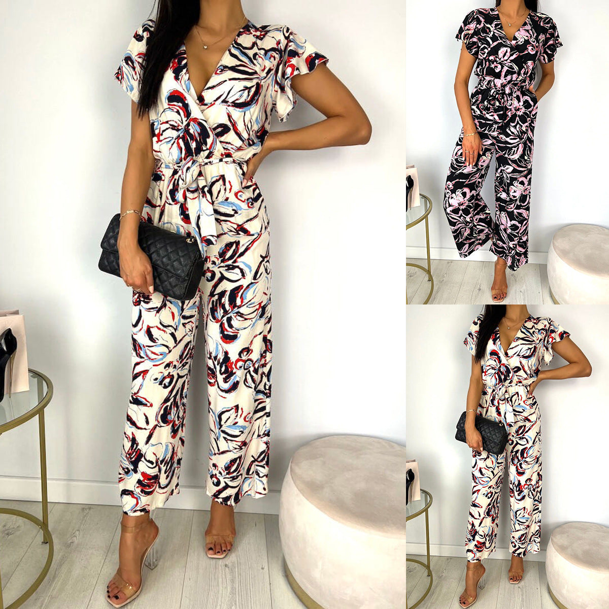 Attractive Summer Collar Sleeveless Ruffled Printed Jumpsuits