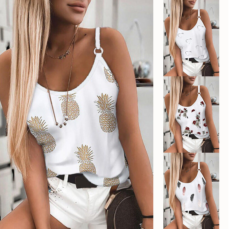 Women's Summer Fashion Casual Round Neck Printed Camisole Sling Tops