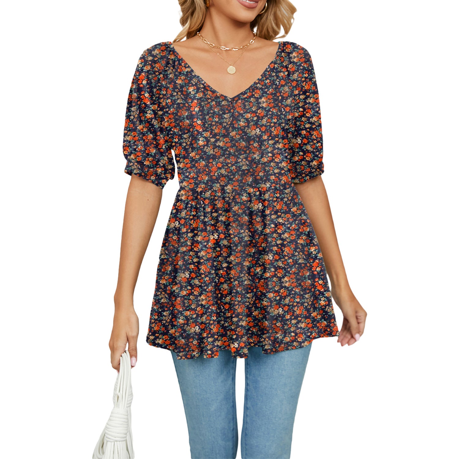 Women's V-neck Printed Puff Sleeve Waist Blouses