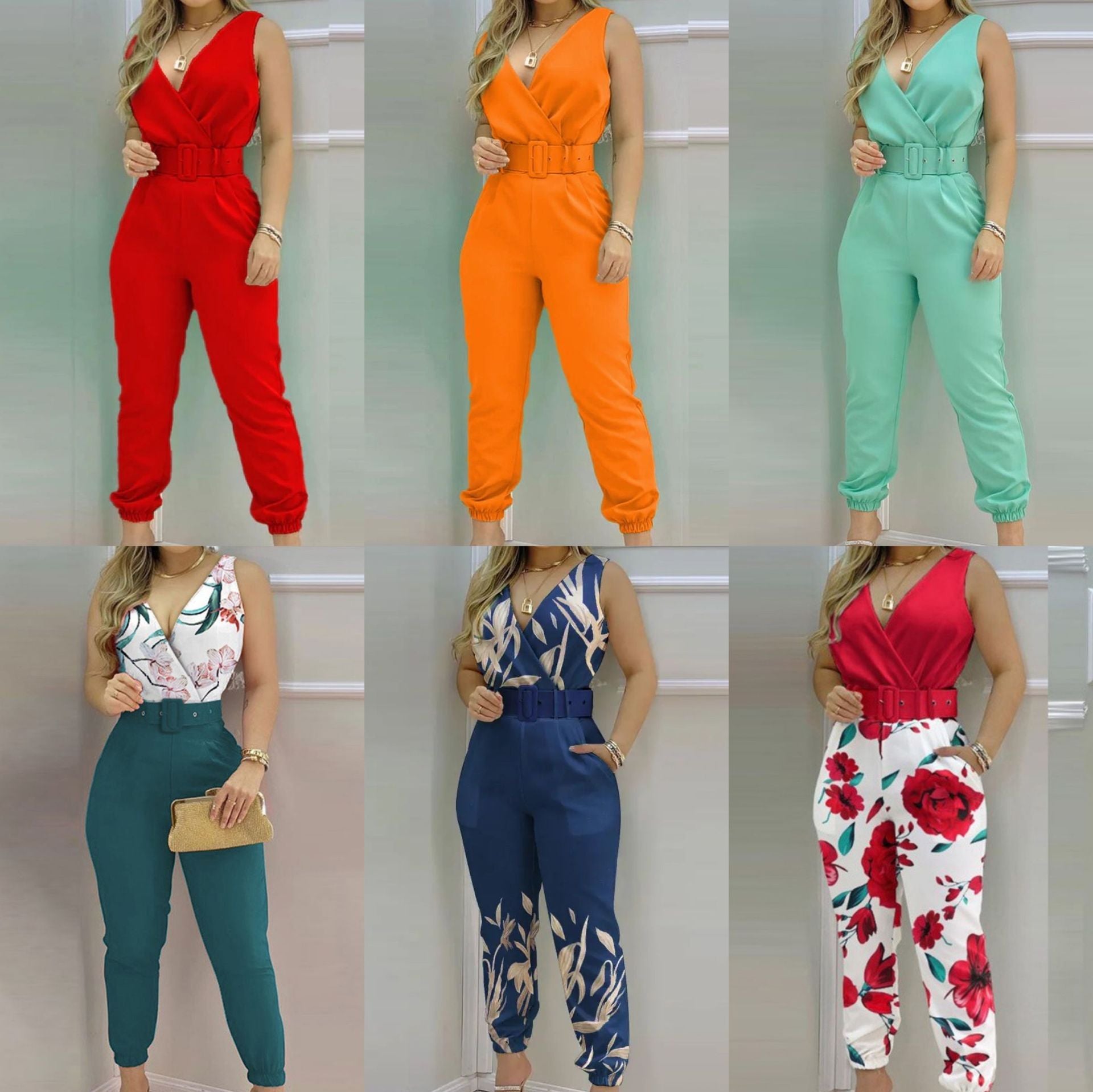 X-collar Slim-fit Sleeveless Positioning Flower Trousers Jumpsuits