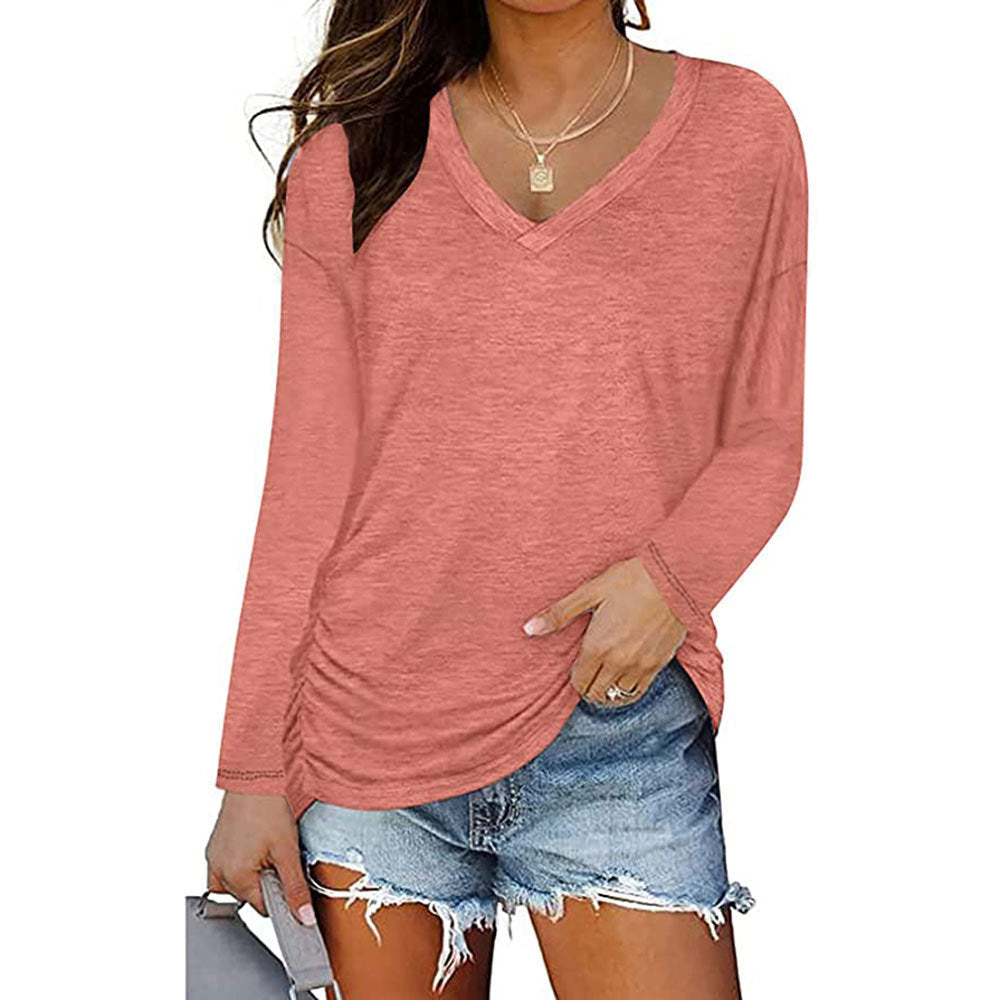 Women's V-neck Pleating Long Sleeve T-shirt Solid Color Blouses