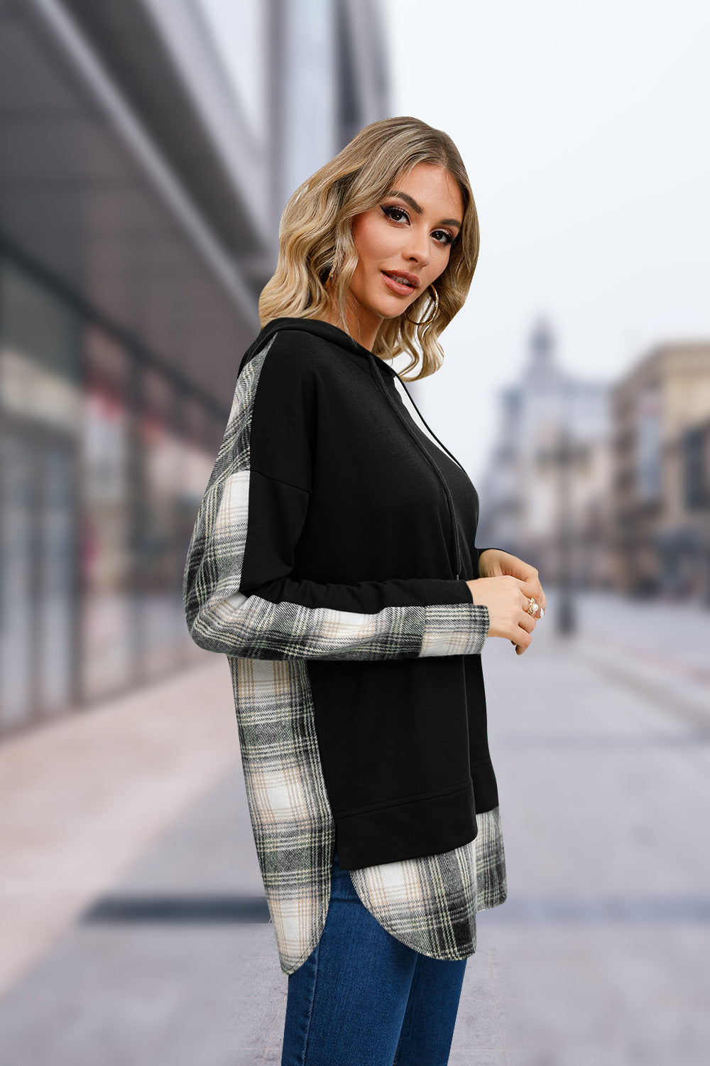 Women's Fashion Hooded Plaid Stitching Split For Sweaters