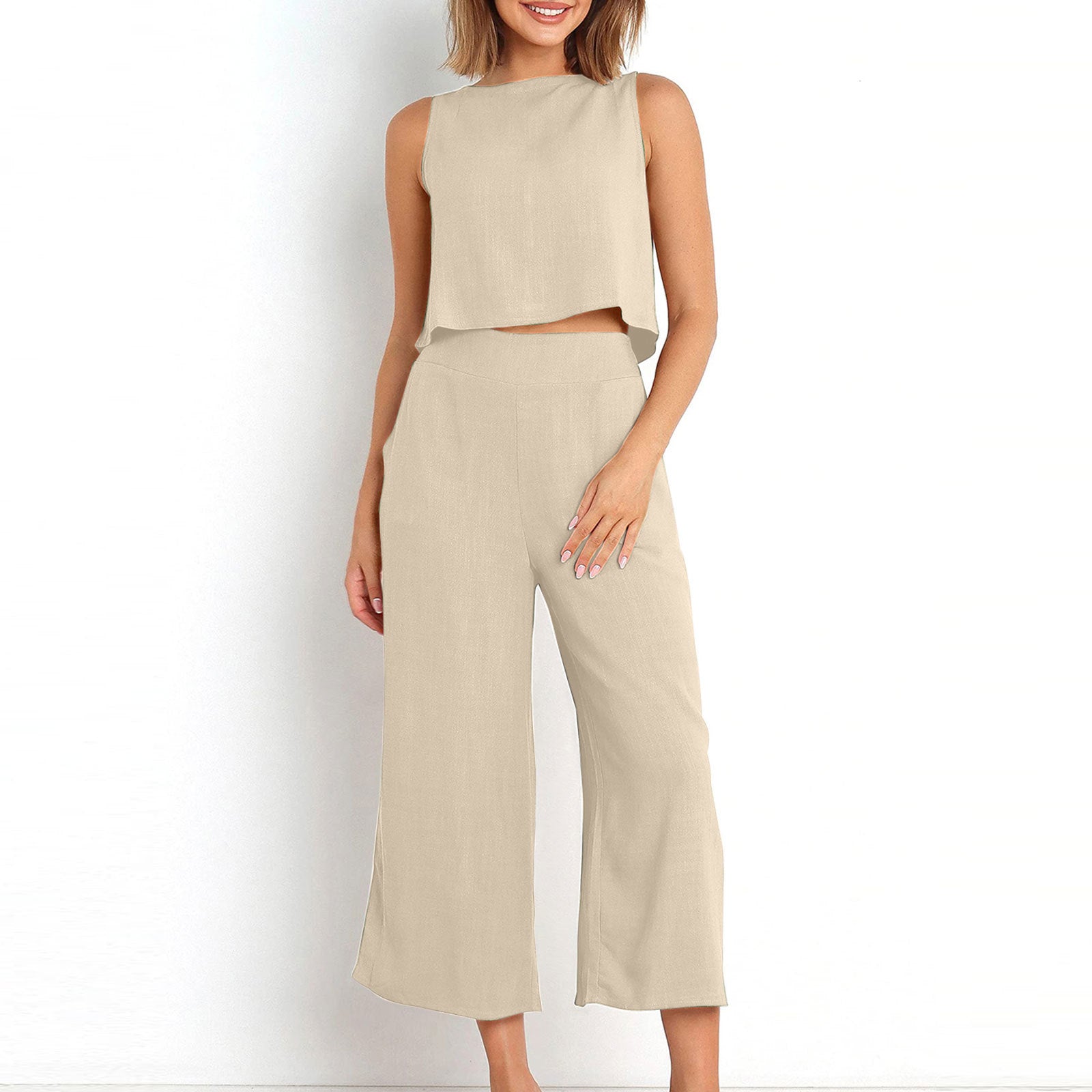 Women's Summer Sleeveless Cropped Pocket Button Suits