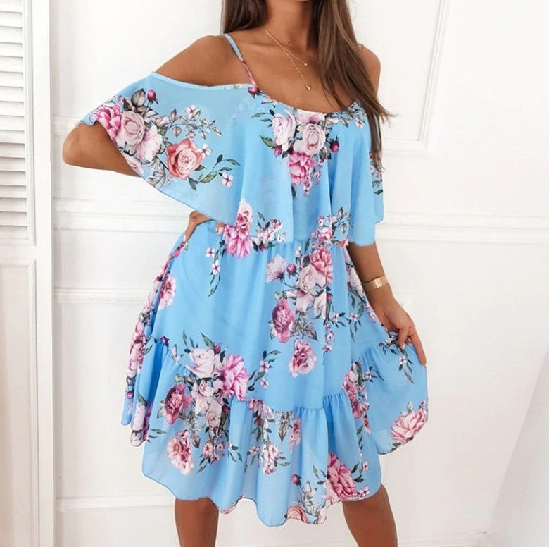 Chiffon Printed Off-the-shoulder Strap Sexy Dress Dresses