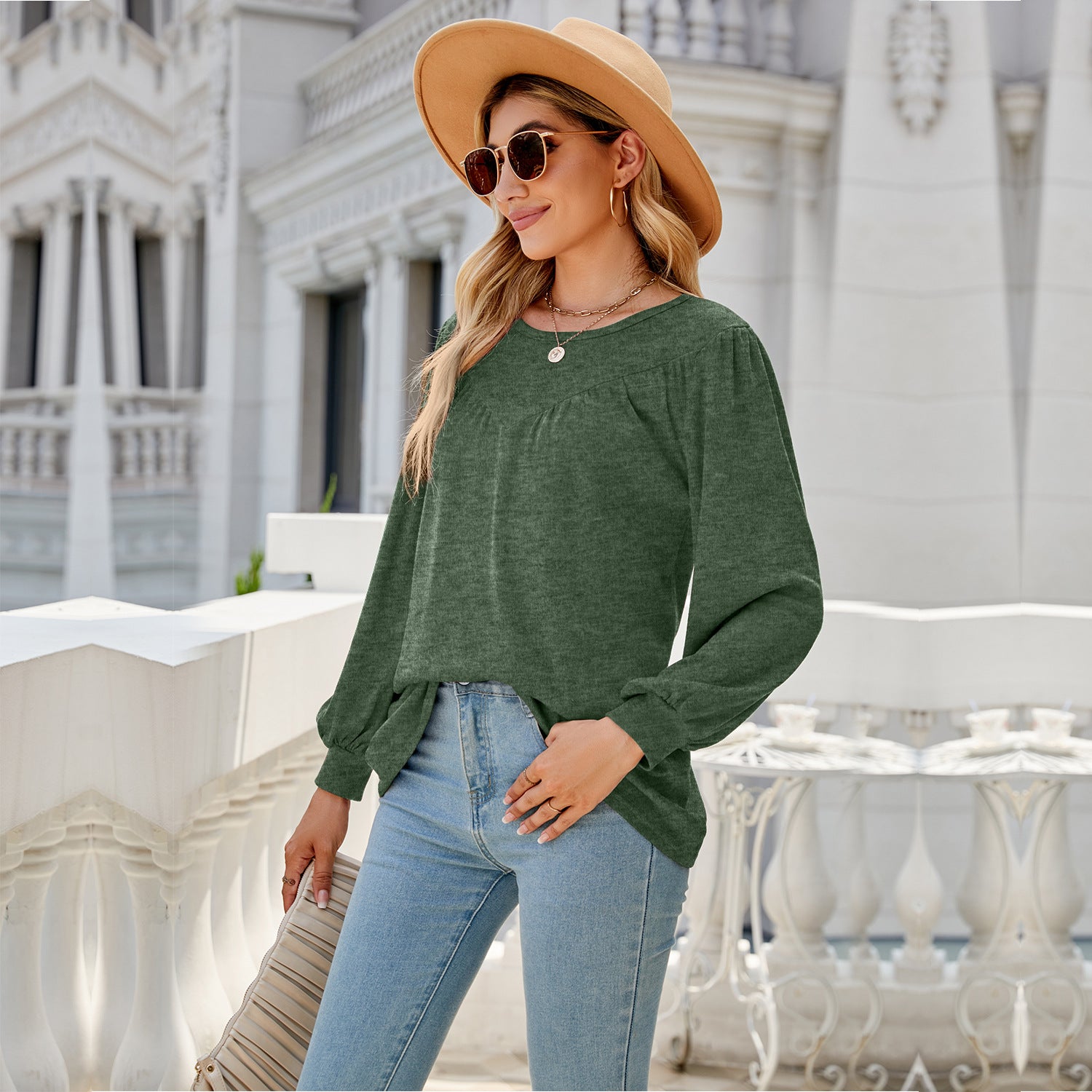 Women's Lantern Sleeve Loose Round Neck T-shirt Casual Blouses