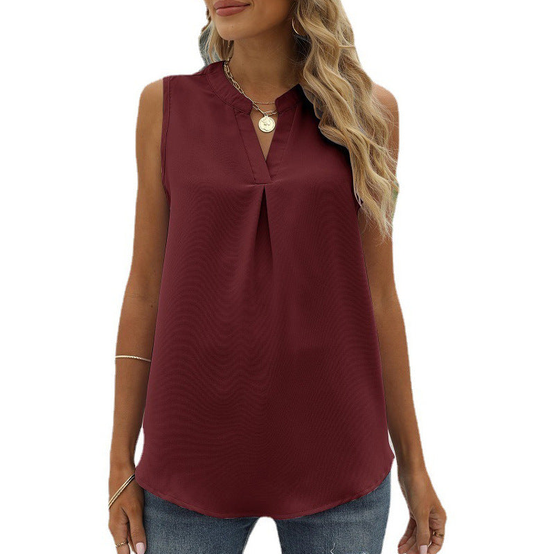 Women's Solid Color Chiffon Shirt Loose V-neck Vests