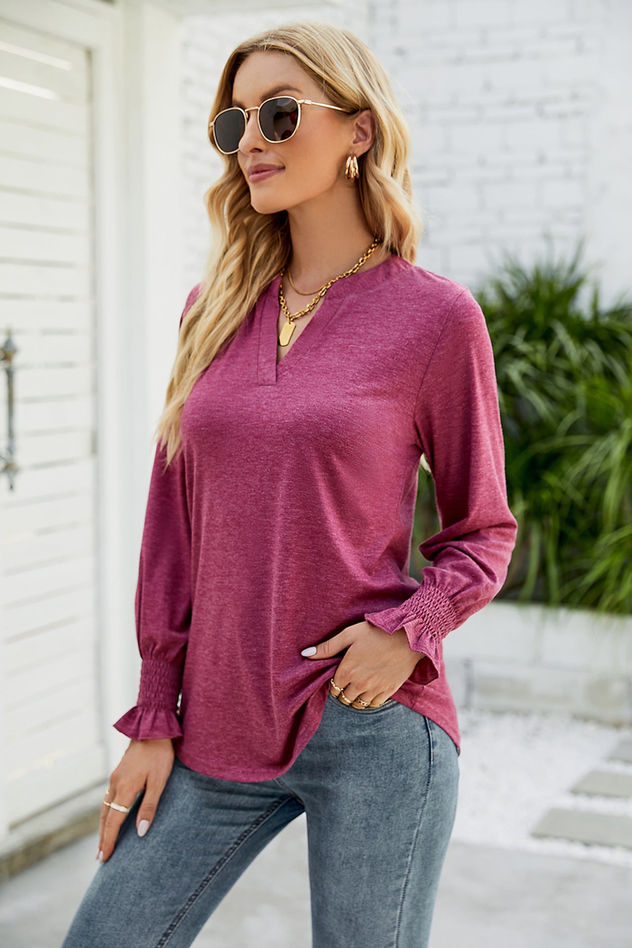 Women's Casual V-neck Solid Color Ruffle Sleeve Loose Tops