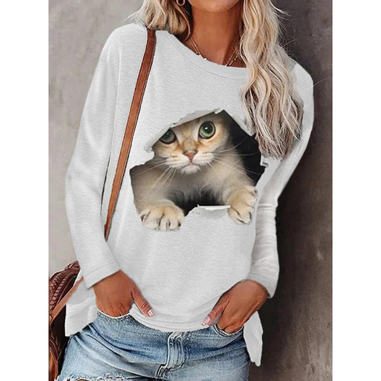 Women's Round Neck Pullover Cat Long Sleeve Blouses