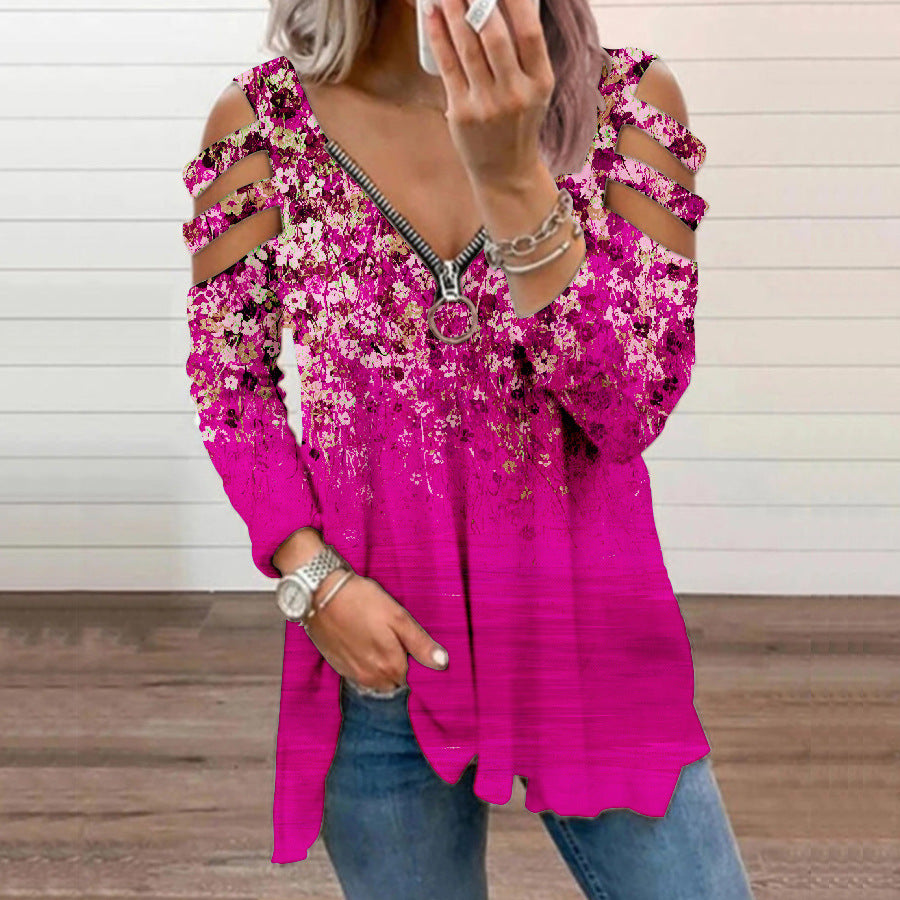 Women's Floral V-neck Zipper Off-shoulder Long Sleeve Blouses