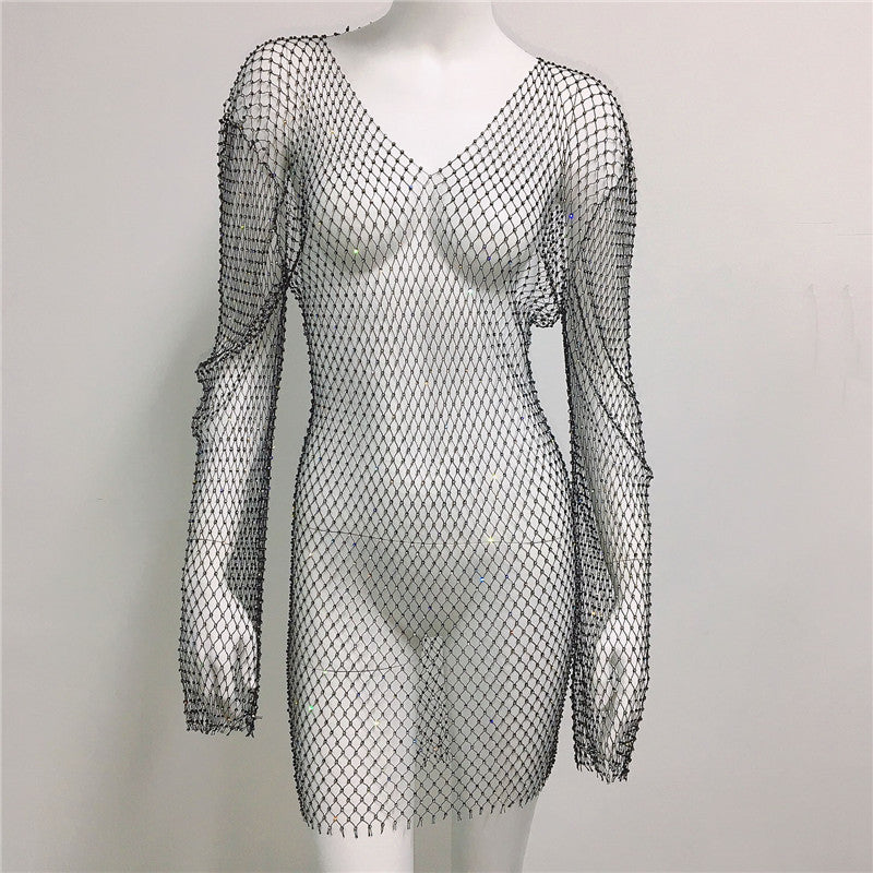 Women's Dress Rhinestone Fishnet Sexy Hot Long Sleeve Hollow Dresses