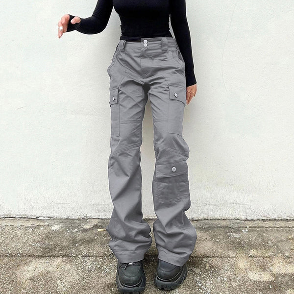 Graue Workwear-Jeans mit hoher Taille und ausgestelltem Slim-Fit