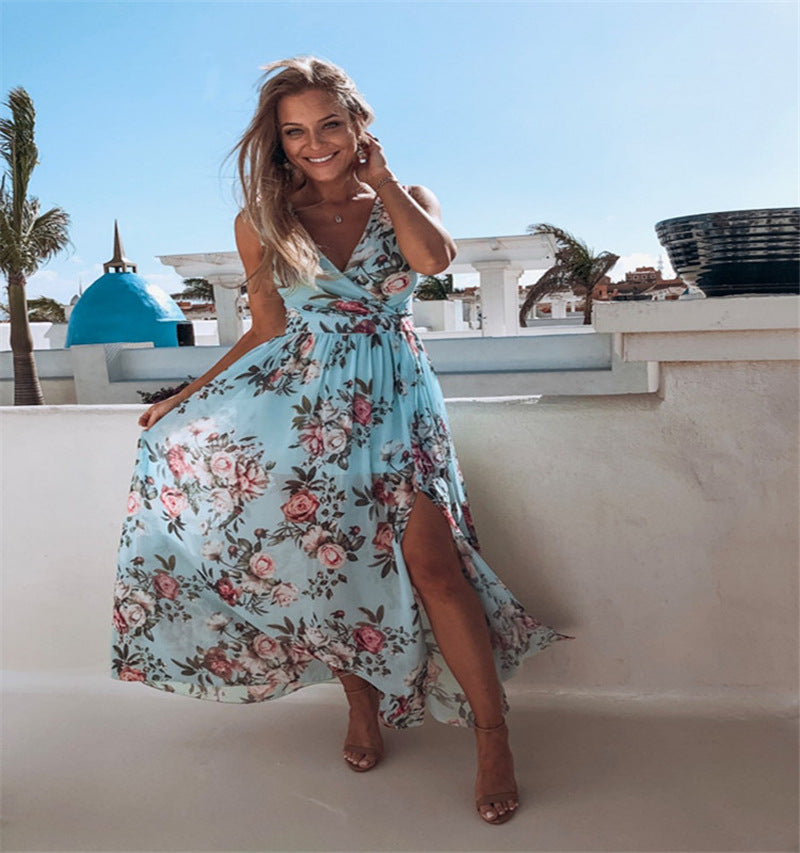 Durable Printed Sleeveless Vacation Beach Split Dresses